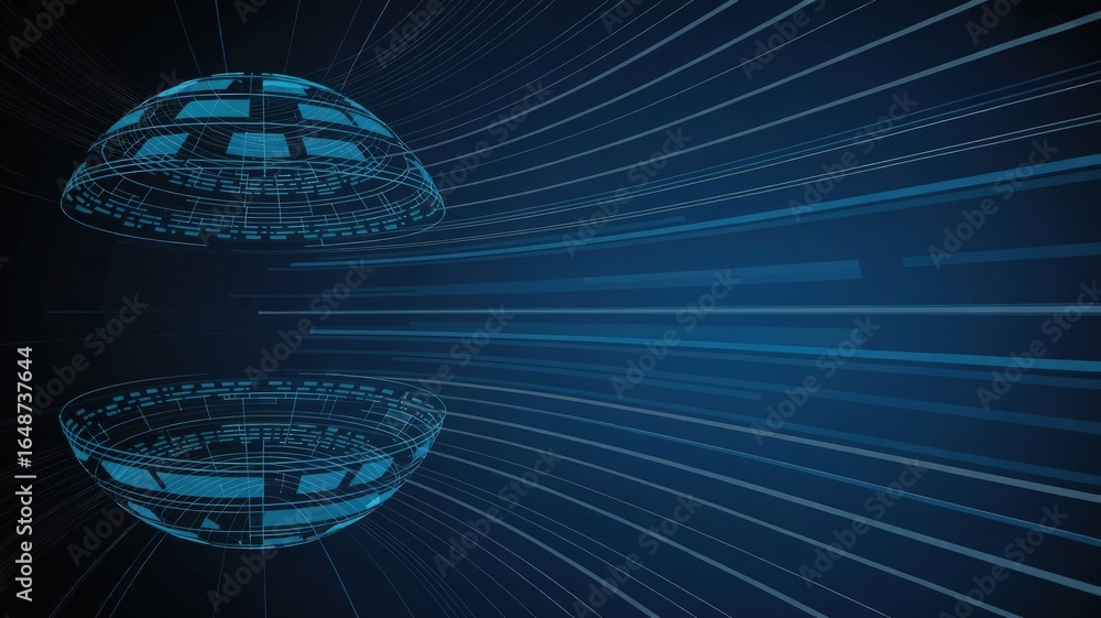 Poster digital spheres in a futuristic stream: two interconnected digital spheres hover gracefully within a