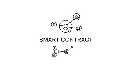 A smart contract illustration showing interconnected nodes with various icons on a white background ai generated