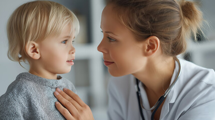 Compassionate healthcare professional examining young child in a clinical setting emphasizing medical care diagnosis and treatment for child health and wellness