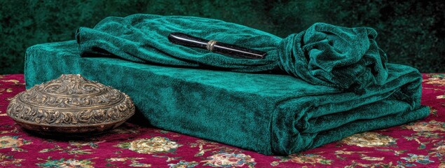 Teal velvet-wrapped gift box with ornate metal trinket