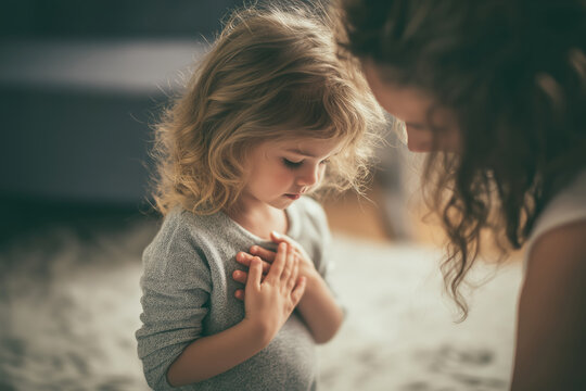 Child girl praying with emotion innocence faith hope spirituality focus concentration prayer pose vulnerability family comfort love devotion tender moment