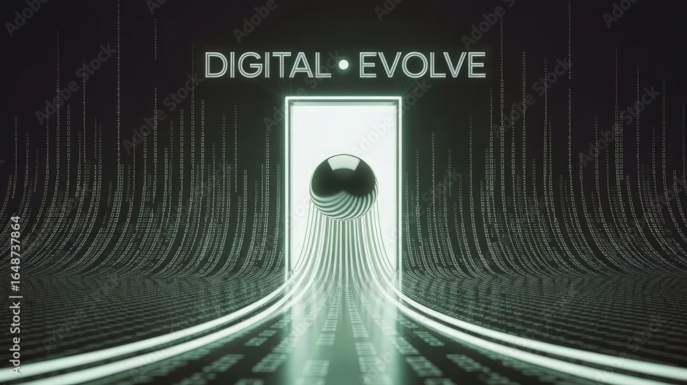 Poster digital evolve: a futuristic visual concept depicting a sphere emerging from a digital gateway, repr