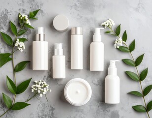 Minimalist flat lay of white cosmetic bottles for skincare with natural green leaves and flowers on a grey concrete background