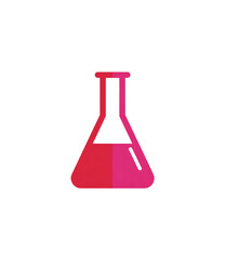 A stylized, pixelated, red and pink Erlenmeyer flask against a black background. The flask is depicted with a distinct, wide, conical shape