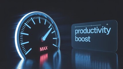 Maximizing Productivity: A digital gauge, symbolizing the peak of performance, reaches the max level, accompanied by a digital sign reading productivity boost, suggesting peak efficiency. 