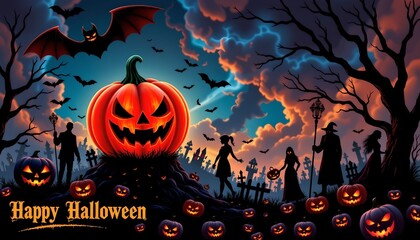 Fototapeta premium A festive Halloween scene with a pumpkin lit jack o' lantern in the foreground, surrounded by a spooky graveyard filled with tombstones and skeletal figures