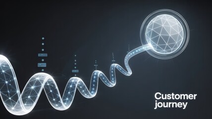 Customer Journey Visualization: A digitally rendered visual showcases a customer journey with an abstract network pathway guiding towards a central node.
