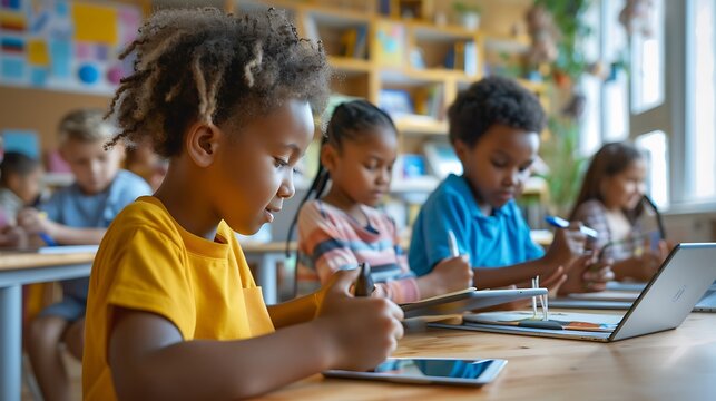 Diverse children engaged in digital learning, using tablets and laptops in a bright, modern classroom setting.