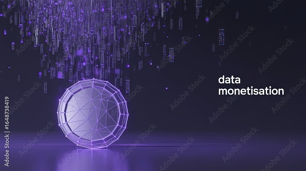 Poster digital monetization: a futuristic image represents the concept of data monetization with a digital 