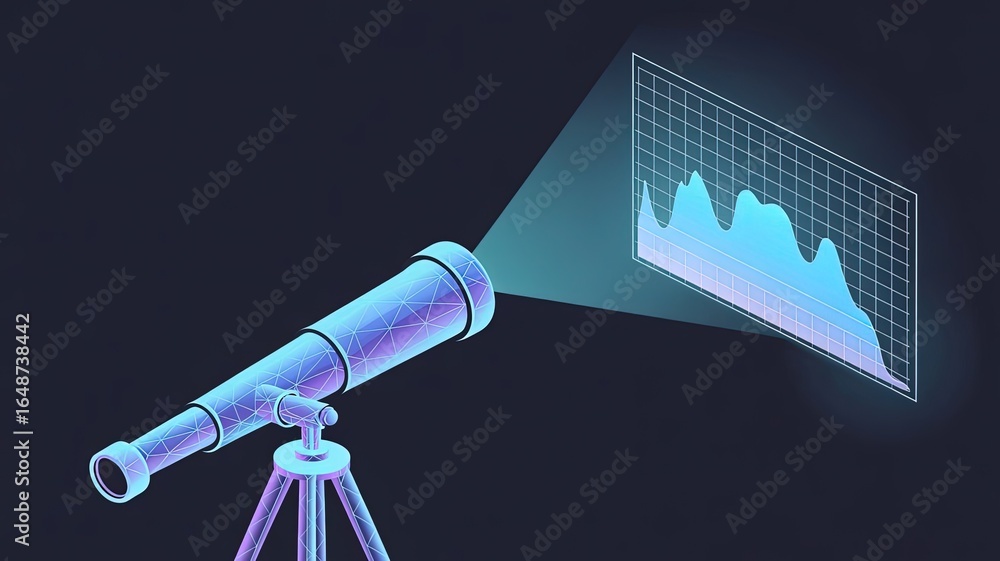Poster vision of data: a telescope projects a graph of data. this picture is perfect to use to convey the m