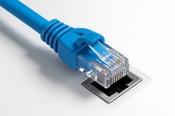 blue ethernet cable plugged into network port, high speed internet connection concept