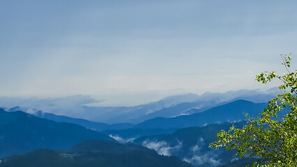 A tranquil scene of layered misty mountains and dense forests, perfect for travel promotions, nature-themed ads, and wellness campaigns