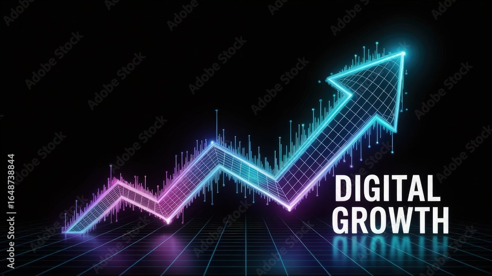 Poster digital growth: illustrating the soaring trajectory of digital progress with an electrifying neon ar