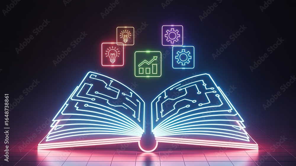 Poster Digital book and glowing Icons: A mesmerizing digital book, its pages illuminated with intricate circuits, represents a fusion of knowledge and technology, sparking curiosity and insight.