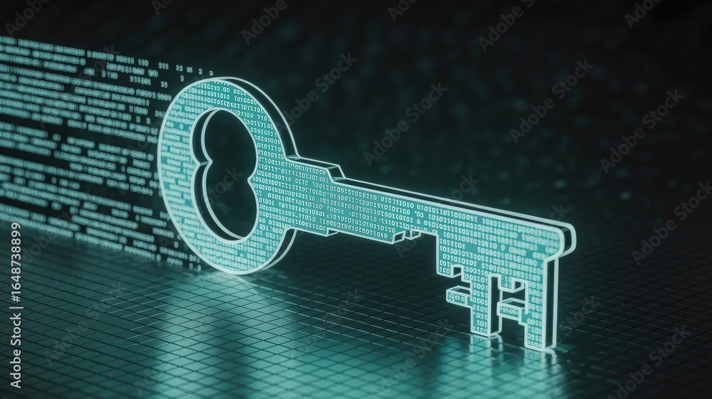 Poster digital key concept: an illuminated key, embodying data encryption, stands out against a backdrop of