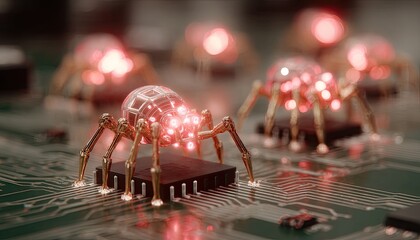 Metallic spiderbots on circuit board, red lights