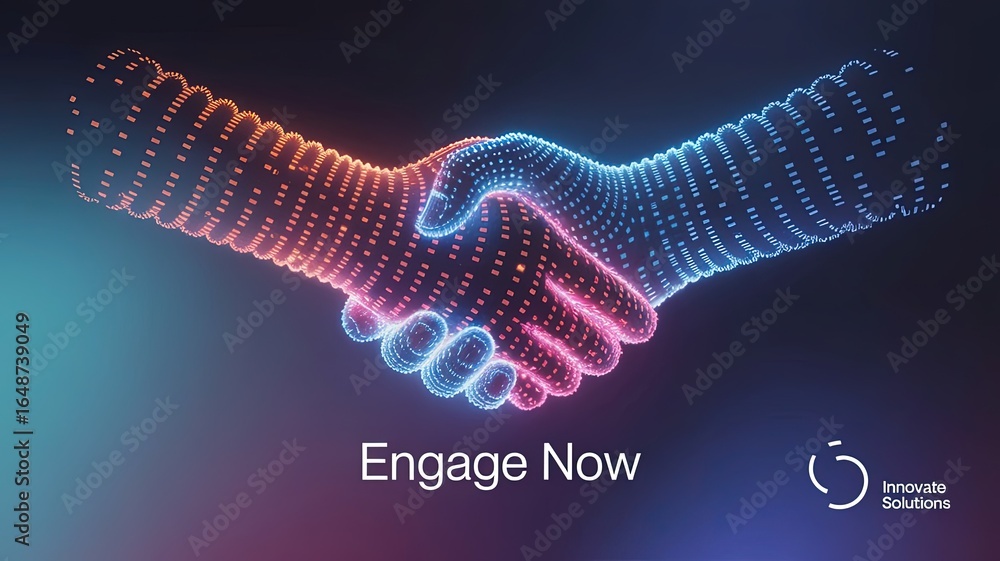 Poster digital handshake: a striking digital rendering of two hands clasping in a firm handshake. bathed in