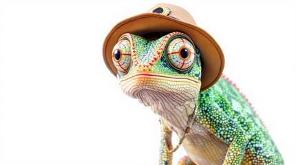 Adorable 3D Cartoon Chameleon Wearing Safari Hat, Explorer Concept