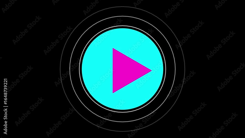 Poster Vibrant Cyan Play Button with Magenta Triangle and Concentric Circles on Black Background Motion