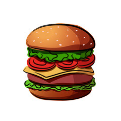 hand drawn colorful and black line art delicious burger design isolated on transparent background.