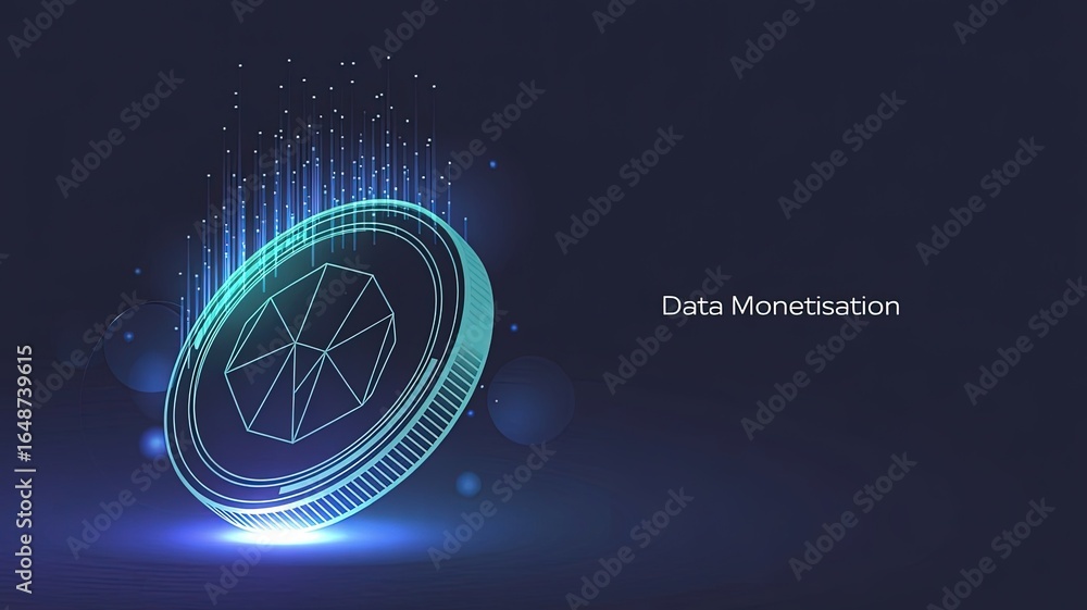 Poster Digital Coin and Data Streams: A modern and minimalist image, the graphic portrays a digital coin, emitting streams of data, symbolizing the concept of data monetization in the digital sphere.