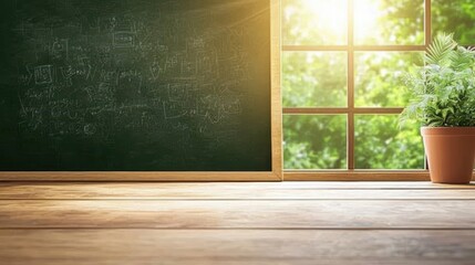 Traditional Classroom with Chalkboard Whiteboard Classic classroom with a large chalkboard, filled with equations and diagrams, traditional learning environment.