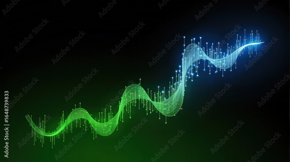 Poster digital wave in the dark: an animated digital wave of light, a vibrant display of interconnected dat