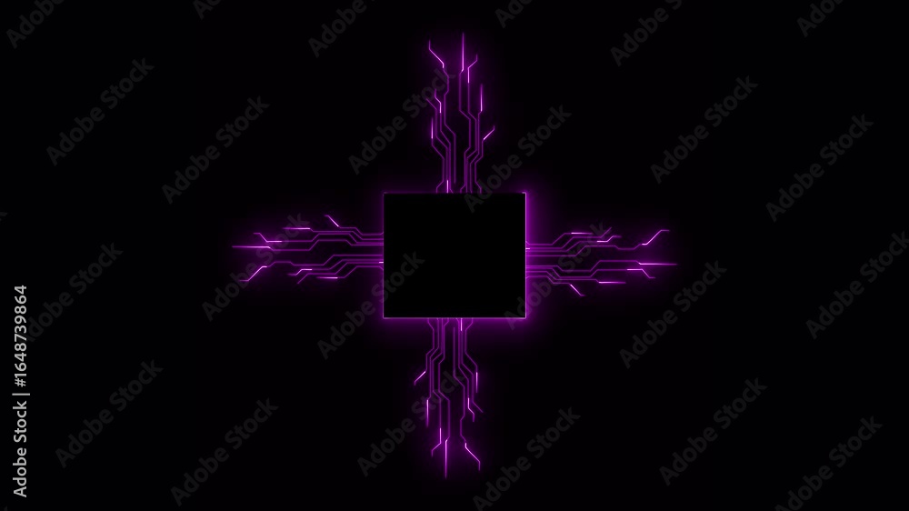 Poster futuristic neon circuitry processor core with glowing purple data lines on black background