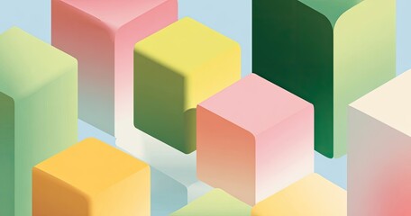 Obraz premium Abstract geometric shapes, pastel colors, 3D cubes in various shades of pink, yellow, green, and orange, light gradients, creating a layered effect