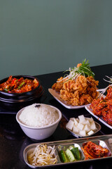 Korean food and Spicy korean chicken wings,jajangmyeon,bibimbap,oden,Samgyeopsal,delicious Korean traditional food.