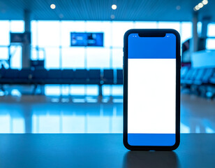 A blank mobile phone mockup featuring a private browser window on screen, set against a cool, blue-toned modern airport terminal backdrop.