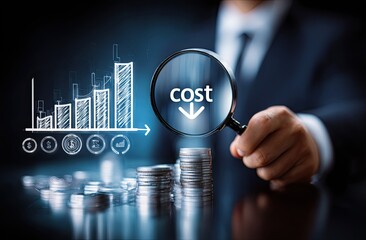 Businessperson examines cost reduction graph with magnifying glass over coins