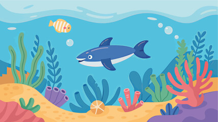 Naklejka premium Charming Ocean Scene with Friendly Shark and Coral Reef