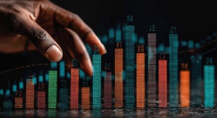 A hand hovers over a graphic display of colorful bar graphs with numerical data