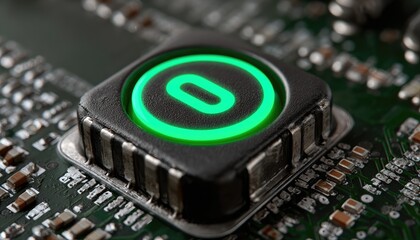 Close-up of a glowing green button on a circuit board