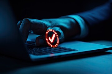 Close-up of a person's hand typing on a laptop, with a glowing checkmark over the keyboard