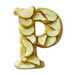 Top View of a 3D letter P made of Pear fruit slices isolated on a white transparent background