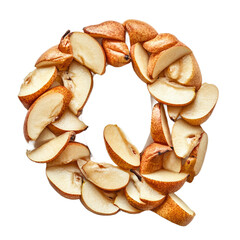 Top View of a 3D letter Q made of Pear fruit slices isolated on a white transparent background