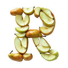 Top View of a 3D letter R made of Pear fruit slices isolated on a white transparent background