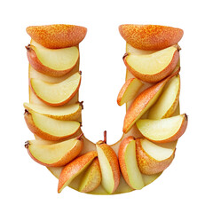Top View of a 3D letter U made of Pear fruit slices isolated on a white transparent background