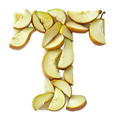 Top View of a 3D letter T made of Pear fruit slices isolated on a white transparent background