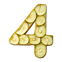 Top View of a 3D number 4 made of Pear fruit slices isolated on a white transparent background