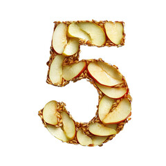 Top View of a 3D number 5 made of Pear fruit slices isolated on a white transparent background
