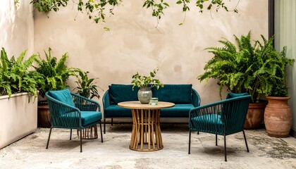 Teal Outdoor Furniture Set with Lush Plants in a Courtyard