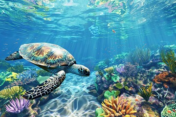 Obraz premium Image for 3d water floor. Underwater world. Turtle. corals. (ai generated)