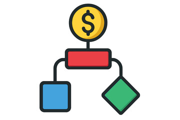Financial flowchart with dollar symbol and colorful boxes business flow path