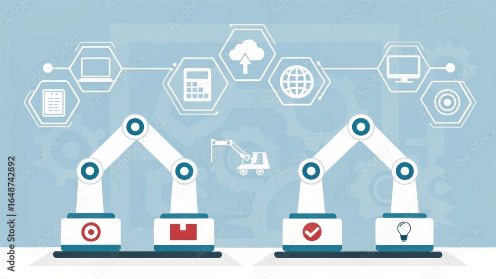 Poster business continuity robotic arms operate in a digital environment, symbolizing automation and techno