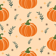 Orange Pumpkin Seamless Pattern with Leaves on Beige Background