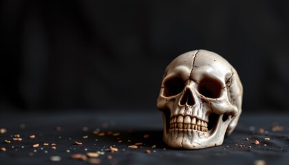 An intriguing juxtaposition of food particles scattered around and a skull as the central focus.