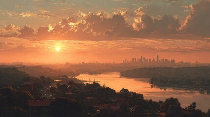 Fototapeta premium Orange sunset shines over a city skyline with river. Great for travel blogs or inspiring cityscape visuals.
